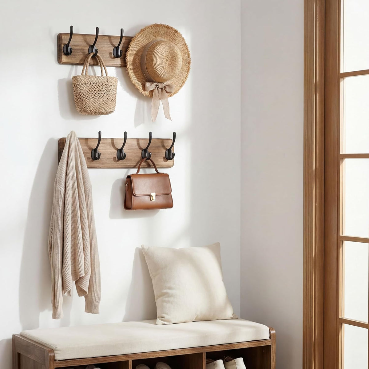 WEBI Coat Rack Wall Mount,Coat Hooks Wall Mounted,16" Hole to Hole,Coat Hanger Wall,Hook Rack Rail,5 Hooks for Hanging Jacket,Clothes,Hats,Rustic Brown