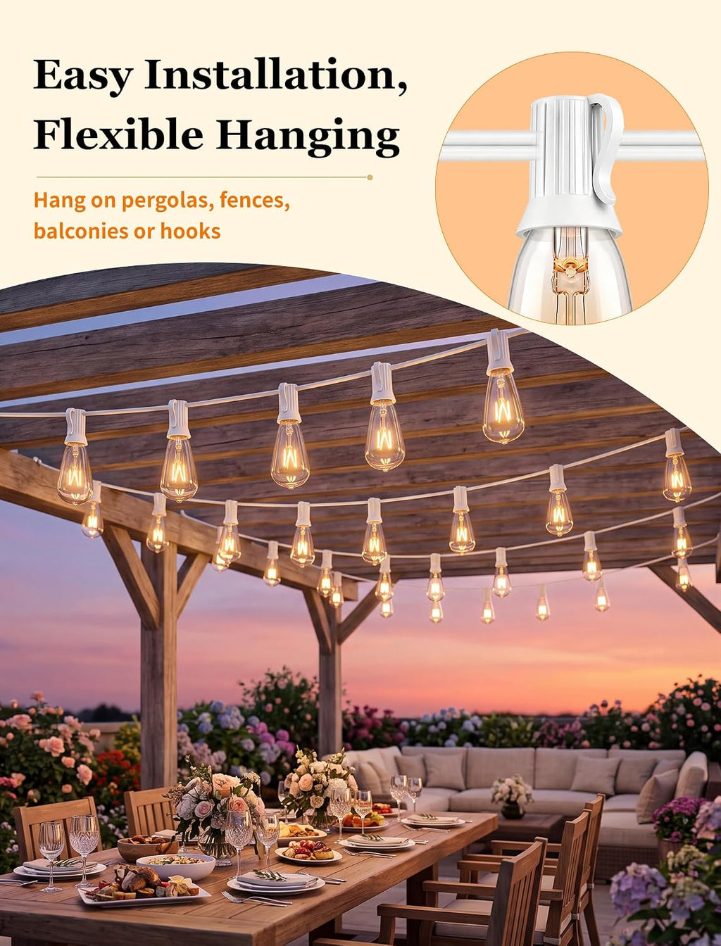 Abeja 10FT ST38 Outdoor Edison String Lights, White Wire Patio Lights with 11 Clear Vintage Bulbs (1 Spare), 7W E12/C7 Base, UL Listed Connectable Hanging Lights for Porch Backyard Wedding