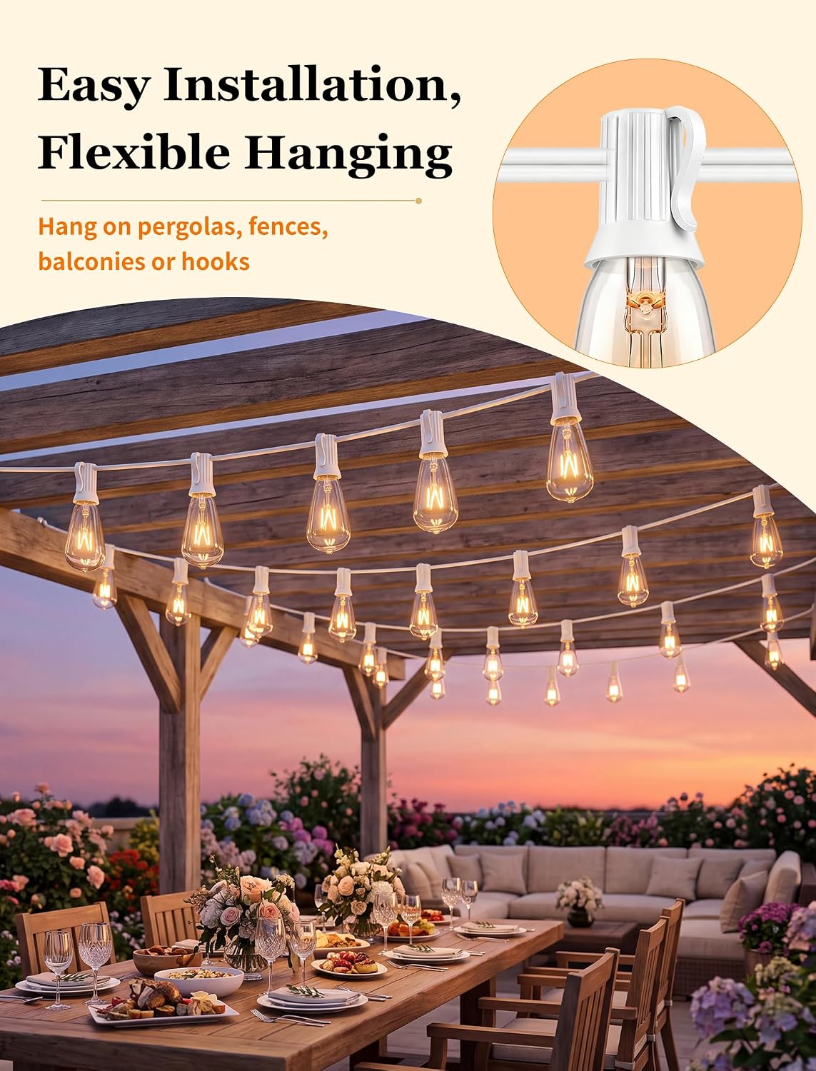 Abeja 10FT ST38 Outdoor Edison String Lights, White Wire Patio Lights with 11 Clear Vintage Bulbs (1 Spare), 7W E12/C7 Base, UL Listed Connectable Hanging Lights for Porch Backyard Wedding