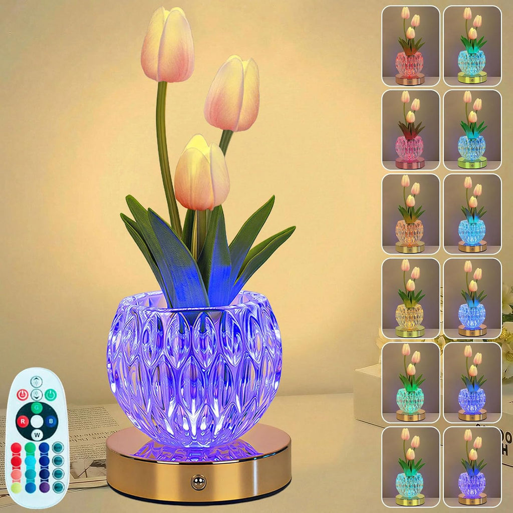 Tulip Table Lamp, 16 Color Changing Glass Night Light with Remote, Touch Dimming Artificial Flower Light, LED Colored Light Romantic Flower Decoration Gift for Girl Women Mom