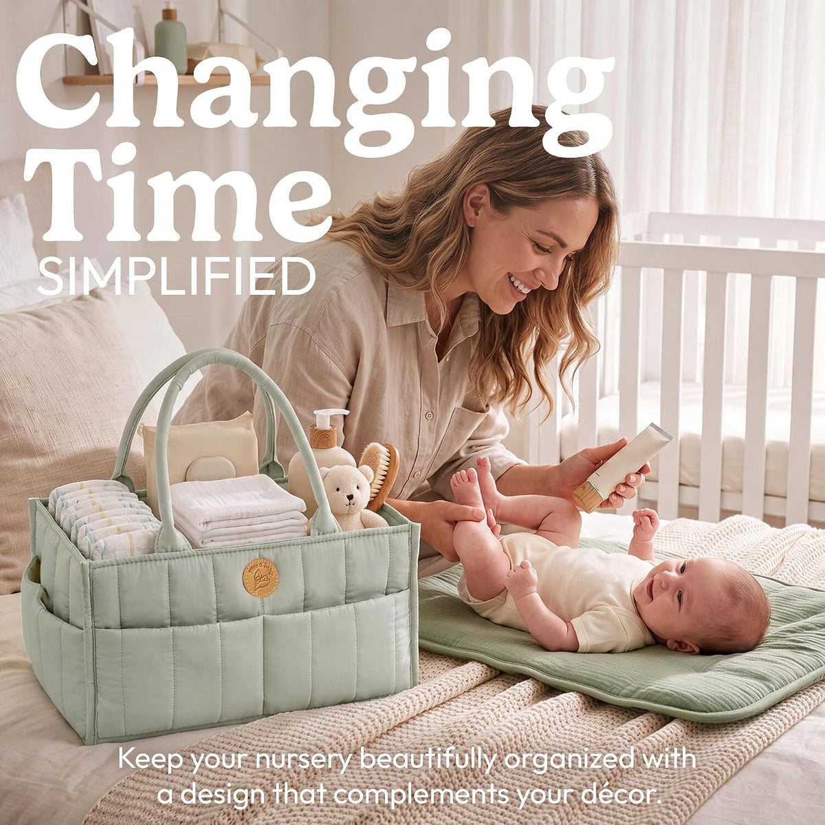 Baby Diaper Caddy Organizer - Portable Diaper Caddy with Handles & Removable Dividers - Large & Quilted Nursery Storage Basket - Changing Table Bag for Car - Baby Shower & Registry Gift - Sage Green