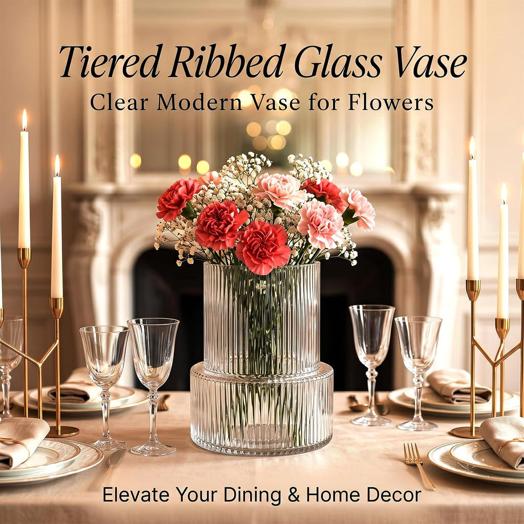 Ribbed Glass Cylinder Vase Set, Clear Modern Centerpiece