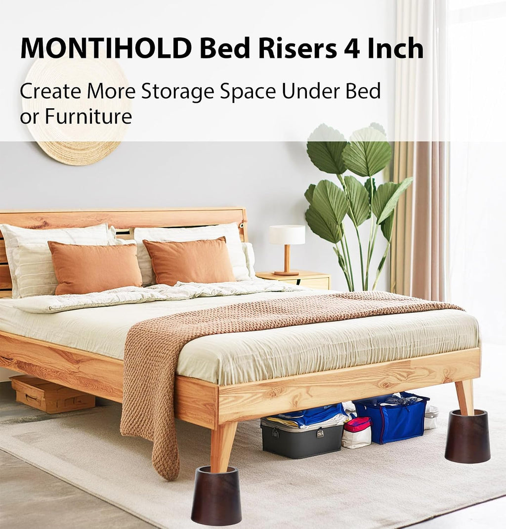 4 Inch Premium Pine Wood Bed Risers - Heavy-Duty Sturdy Lifts for Strong Support, Decor Enhancement (Dark Brown)