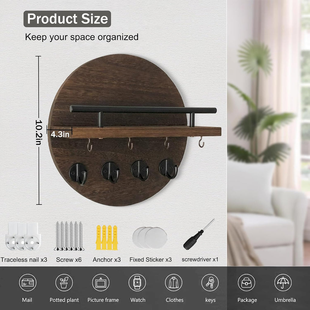 10.2" Key Holder Wall Mount with Shelf & Mail Organizer, 8 Hooks Brown