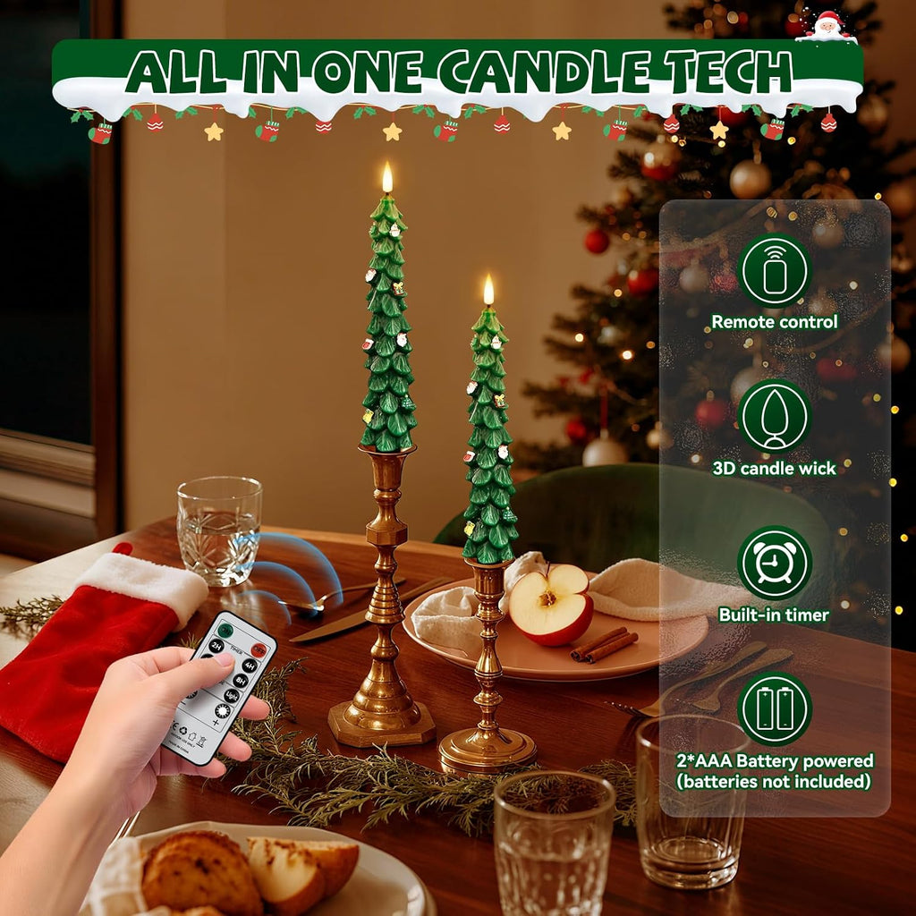 Flameless Christmas Tree Candles with Remote, 4 Pack 9.8” LED Battery Operated Taper Candles, Green 3D Sticker Flickering Candlesticks for Holiday Home Decoration