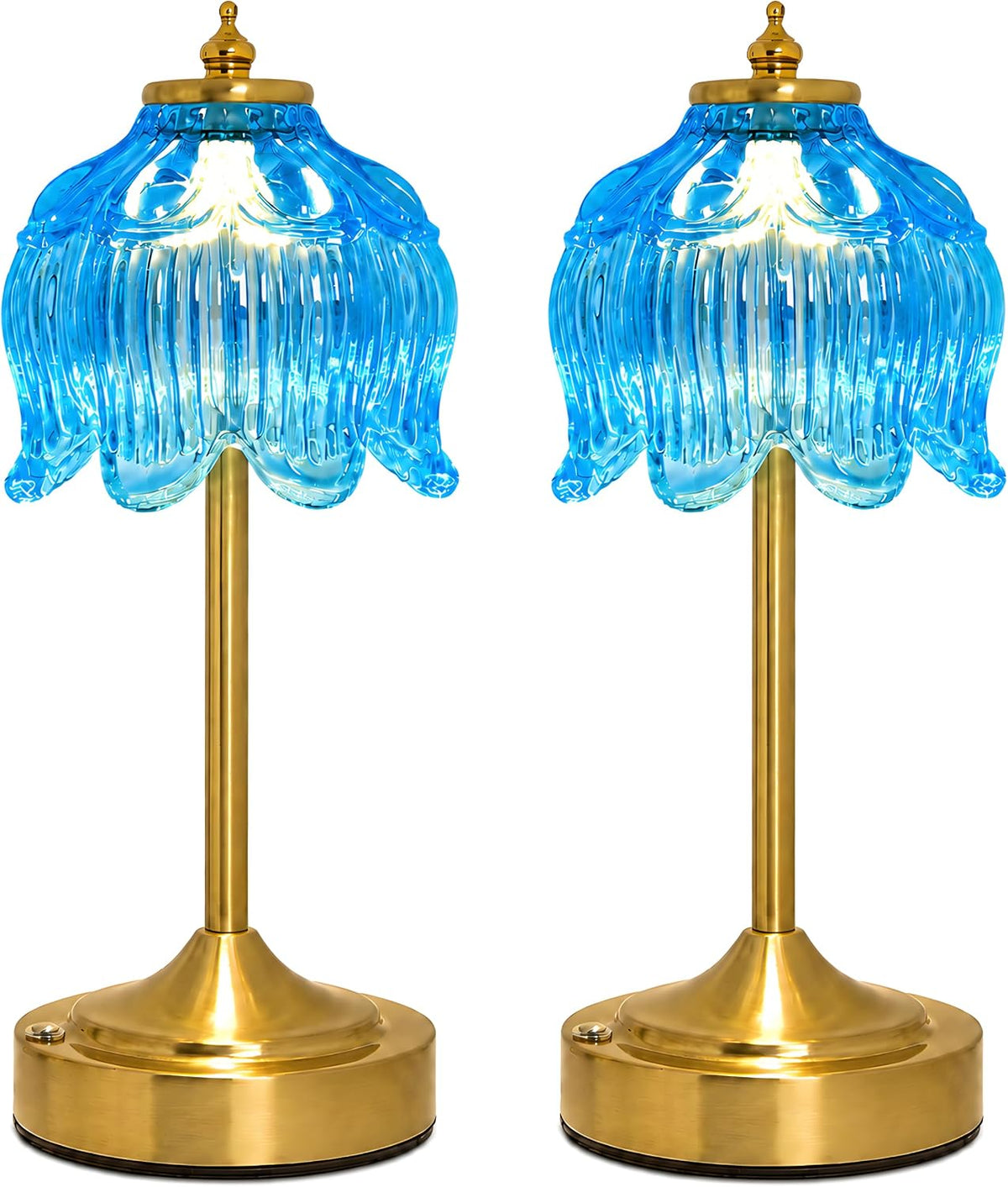 Lotus Flower Table Lamp, Cordless Rechargeable Amber Glass Bedside Lamp | 3600mAh Battery, Touch Control, 3 Color Modes & Stepless Dimming for Bedroom, Nightstand Lake Blue 2PC