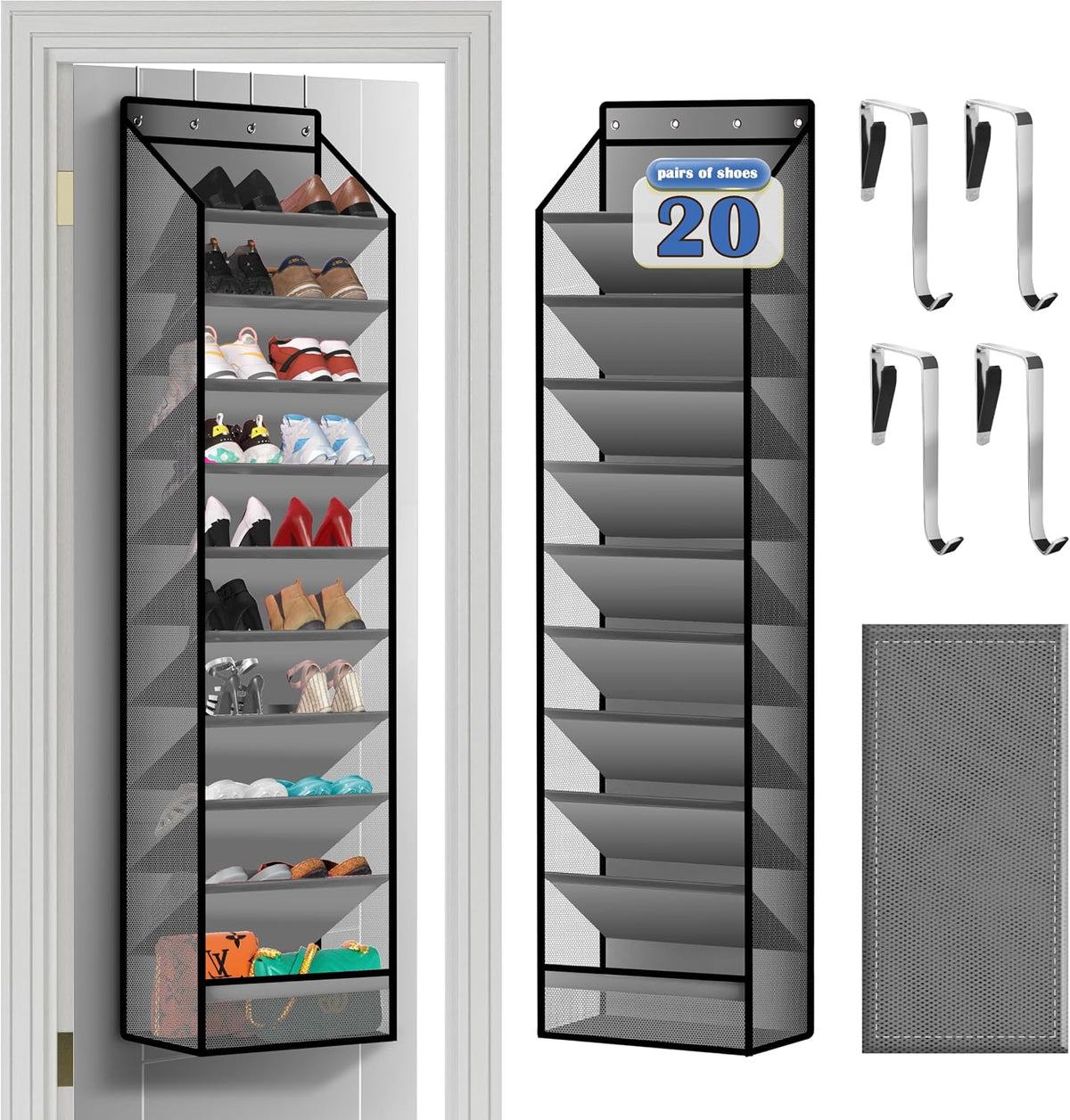 10 - Pocket Over - the - Door Hanging Shoe Organizers & Rack, Made of Sturdy 600D Oxford + Non - Woven Fabric, Space - Saving Storage for Shoes, Boots & More (Gray)