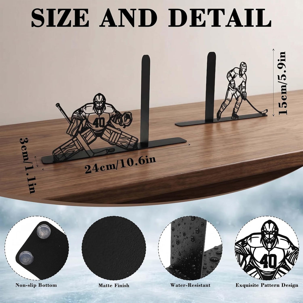 Ice Hockey Metal Bookends, Heavy Duty Book Ends for Shelves, Decorative Hockey Book Holders for Office Home Library, Sports Decor Gift for Hockey Fans Boys Kids Room