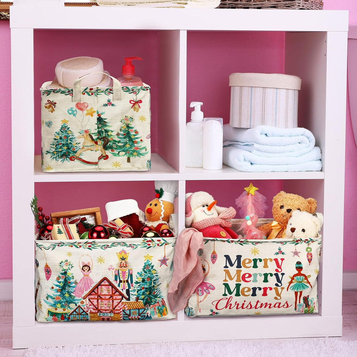 Beeveer 3 Pcs Christmas Nutcracker Baskets for Gifts Empty Christmas Tree Ballet Girl Soldier Storage Bin with Handle Fabric Storage Container Cube Box for Home Office Dorm Closet Shelf Organizer