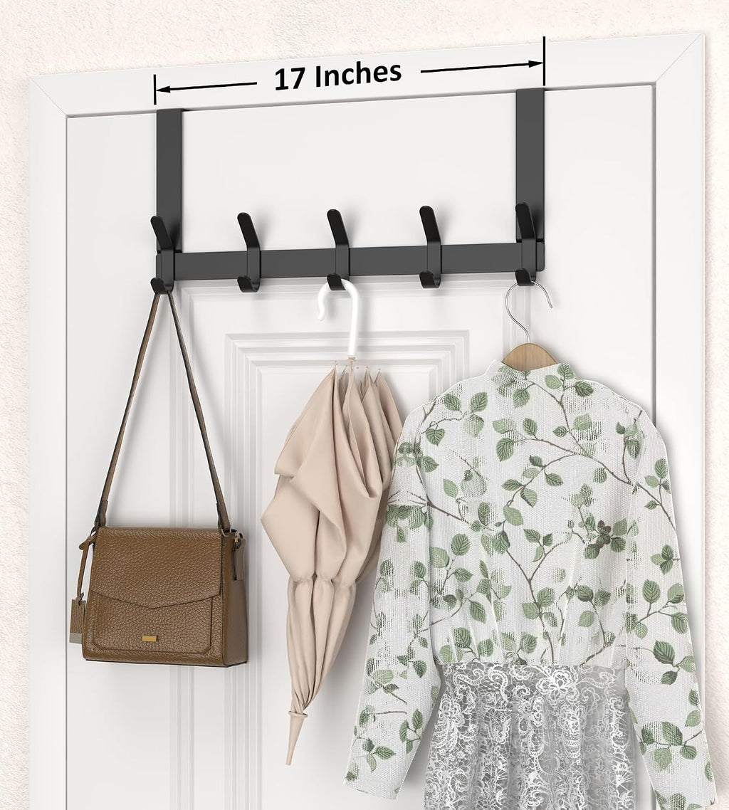 KitchLife Over The Door Hooks with 7" Extended Arms, Fits 1-3/8" Doors, J18U, Heavy Duty Bathroom & Closet Towel Rack, Double-Hooks Hanger 1 Pack, Matte Black