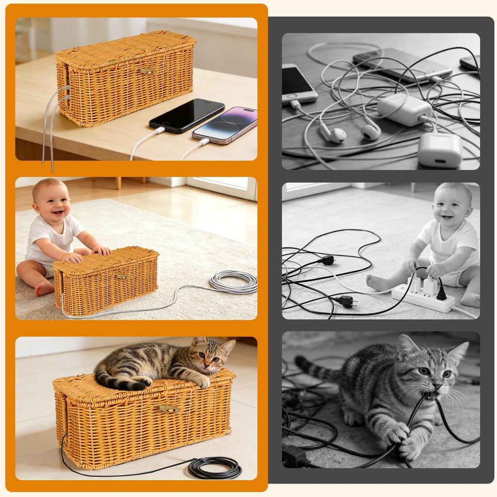 2 Pcs Handwoven Rattan Cable Management Box,Cord Organizer Box with Lid,Open-Slot Cord Hiding Basket,Decorative Storage Box for Hiding Computers, Tv, Power Sockets, USB Hubs（Orange）