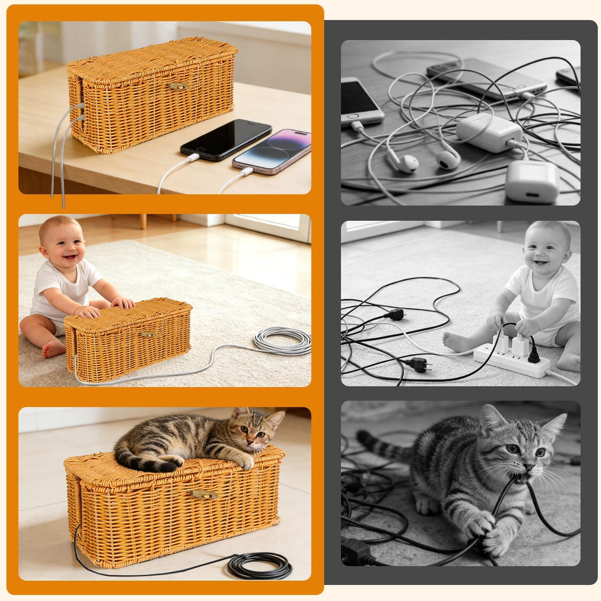 2 Pcs Handwoven Rattan Cable Management Box,Cord Organizer Box with Lid,Open-Slot Cord Hiding Basket,Decorative Storage Box for Hiding Computers, Tv, Power Sockets, USB Hubs（Orange）