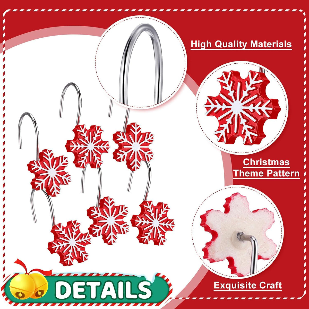 CroBlissful 12 Pcs Christmas Winter Snowflake Shower Curtain Hooks 2 Styles Snowflakes Curtain Hangers Hooks Red White Winter Decorative Rings for Bathroom Restroom Rods Wall Decor