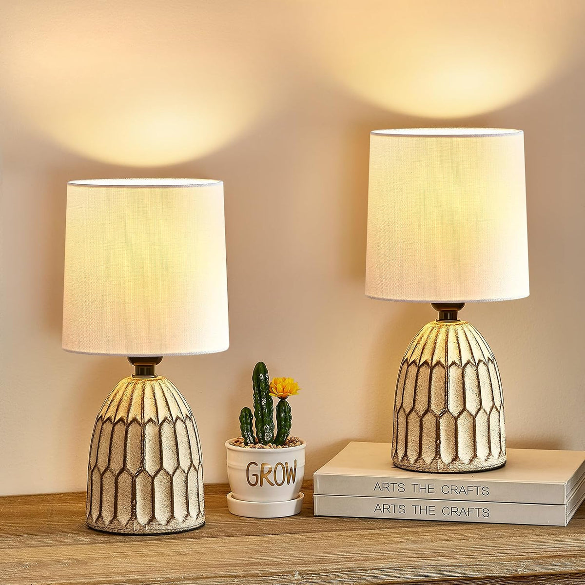 EJIAXIN Table Lamps Set of 2-13.5" Small Boho Lamp - Bedside Lamps - Farmhouse Rustic Ceramic Table Lamp for Bedroom, Living Room, Nightstand, Office, Side Desk Lamp, End Table Lamp