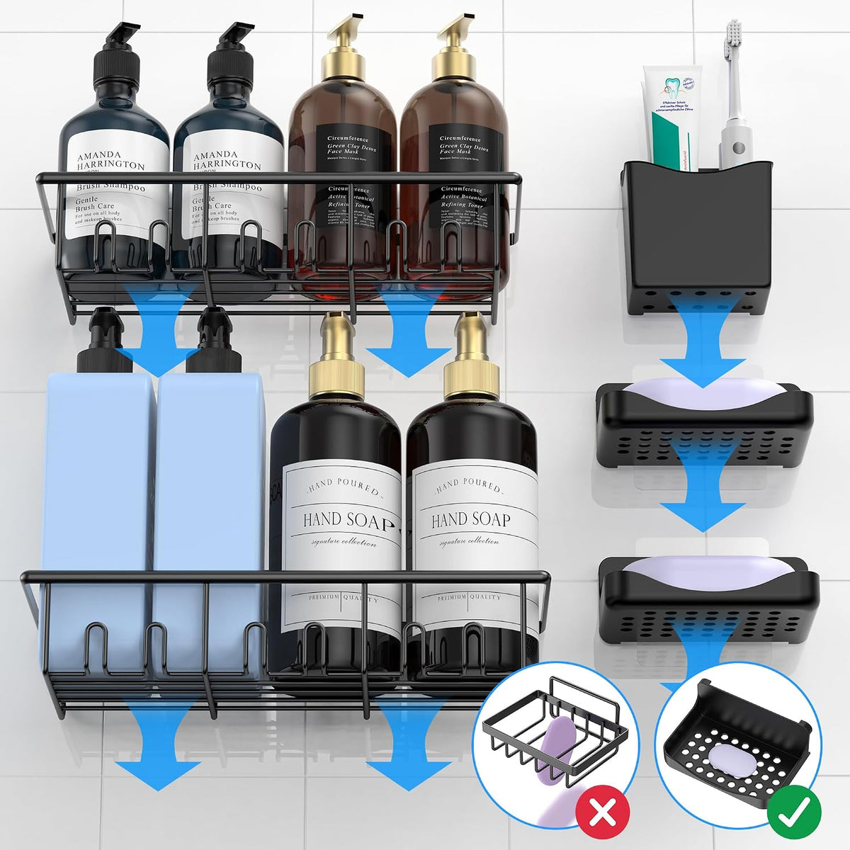 5 Pack Rustproof Shower Caddy, Adhesive Bathroom Shelf, Black