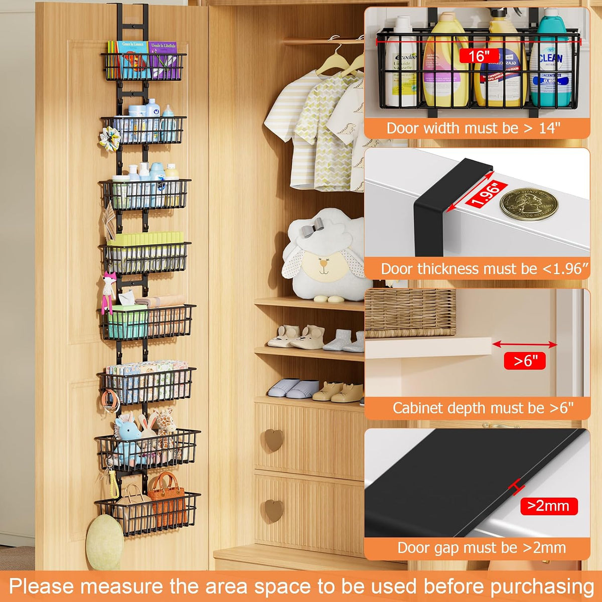 Hongtamoya 8 Tier Over The Door Organizer, Adjustable Hanging Door Organizer with 8 Wire Baskets 6 Hooks, Behind The Door Storage for Pantry Closet Bedroom Bathroom Cabinet Kitchen Laundry Room, Black