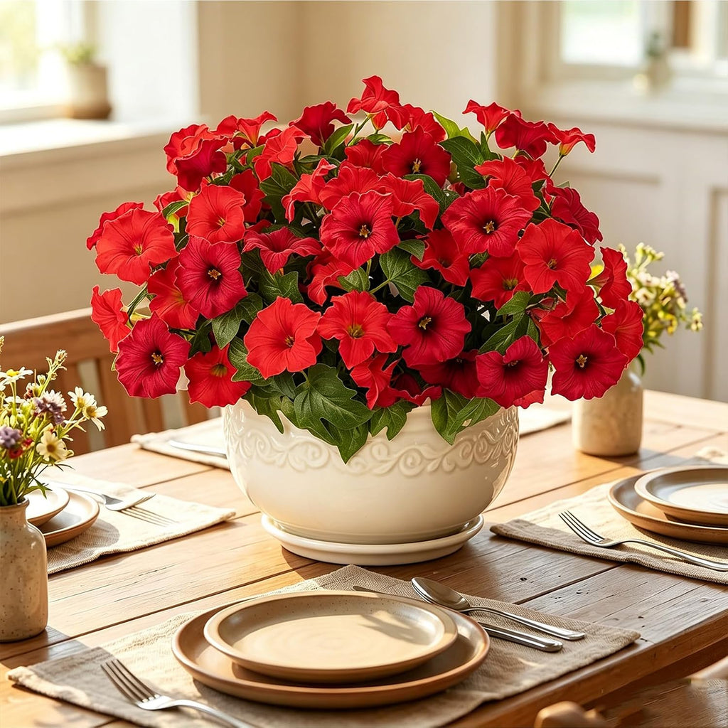 Artificial Flowers for Outdoors, Faux Petunias Spring Summer Decoration, Fake Flowers Plants UV Resistant Look Real Silk Flowers for Outside Planter Front Door Porch Patio Yard (Red)