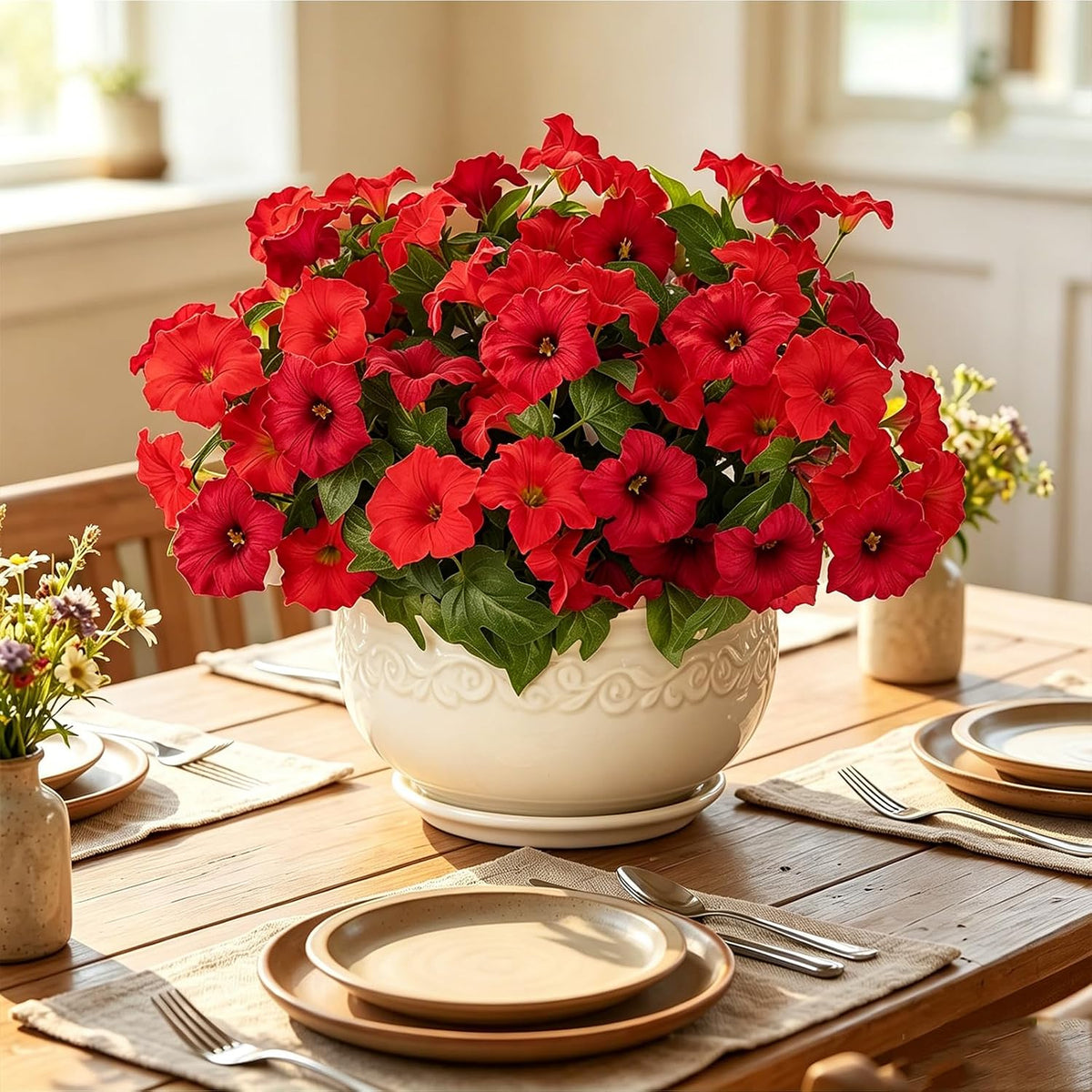 Artificial Flowers for Outdoors, Faux Petunias Spring Summer Decoration, Fake Flowers Plants UV Resistant Look Real Silk Flowers for Outside Planter Front Door Porch Patio Yard (Red)