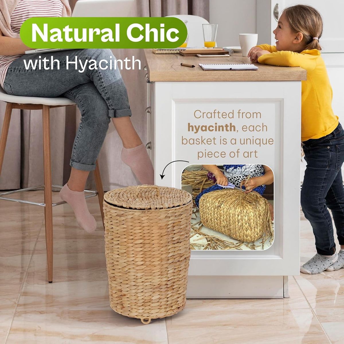 Bathroom Trash Can with Lid Set of 2 (3 Gallon & 1.5 Gallon), Wicker Wastebasket with Liner & Raised Feet, Handwoven Water Hyacinth Decorative Trash Can for Bedroom, Office, Living Room
