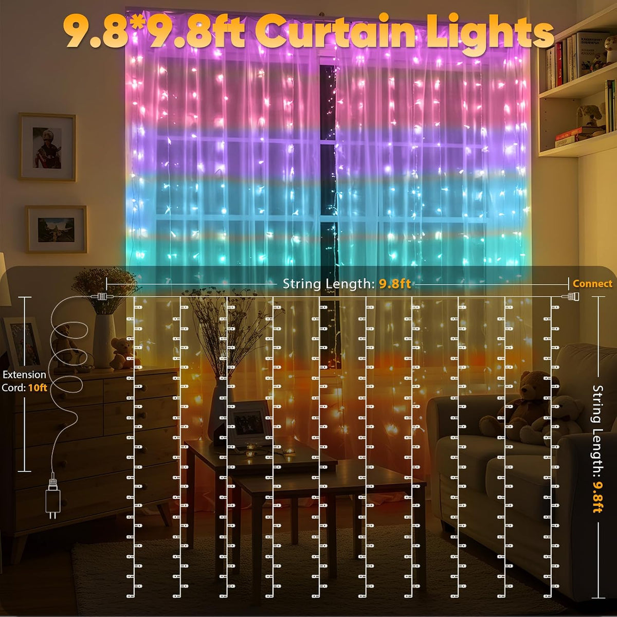 suddus Curtain Lights for Bedroom, 320 Led 9.8ft x9.8ft Hanging String Lights Indoor, Curtain String Lights for Backdrop, Window, Wall, Wedding, Party, Garden, Porch, Brithday Decor Multicolor