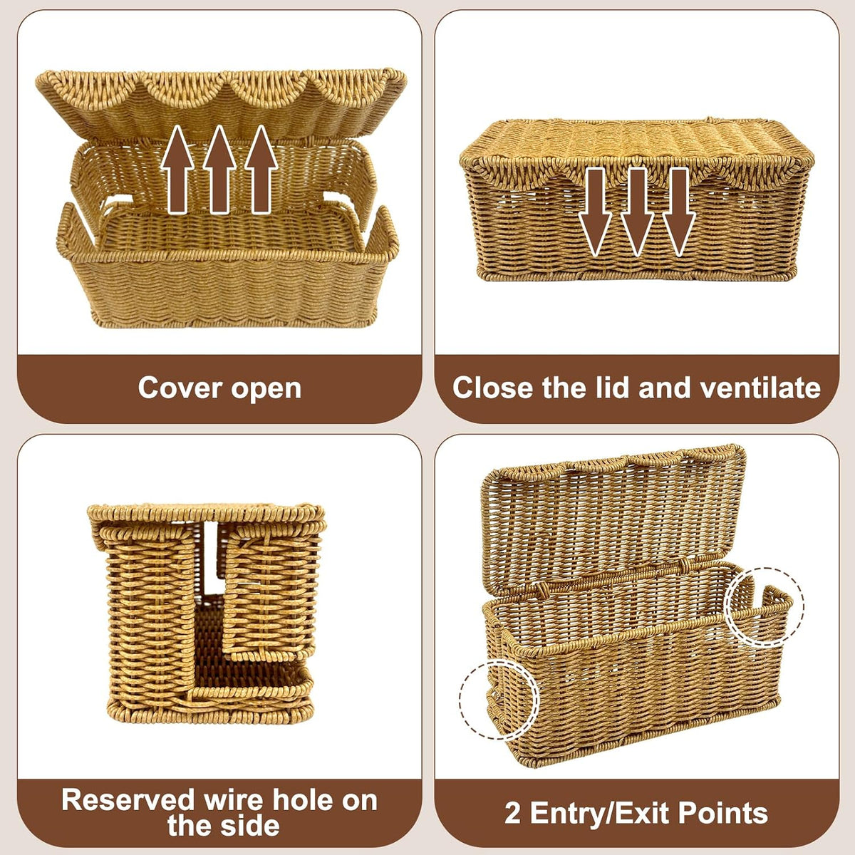 Scalloped Edge Handmade Cable Management Box, Elegant Plastic Rattan Cable Organizer, 2 Open Slots Sturdy Cord Hider Box, Under Desk Cord Organizer for Home TV Wires Computer Router USB Hub Strips