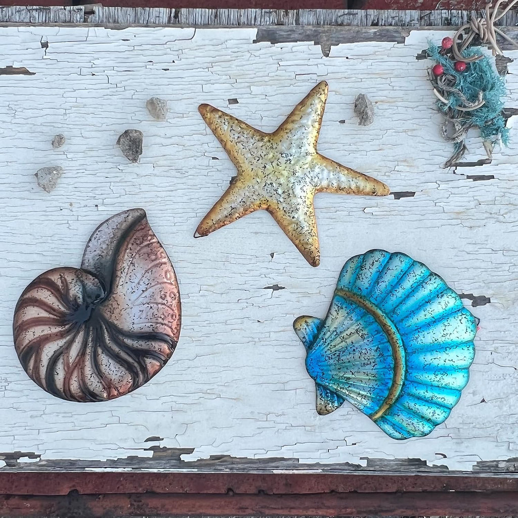 3 Pcs Metal Beach Wall Decor Sea Star Shell Conch Metal Decor Wall Hanging