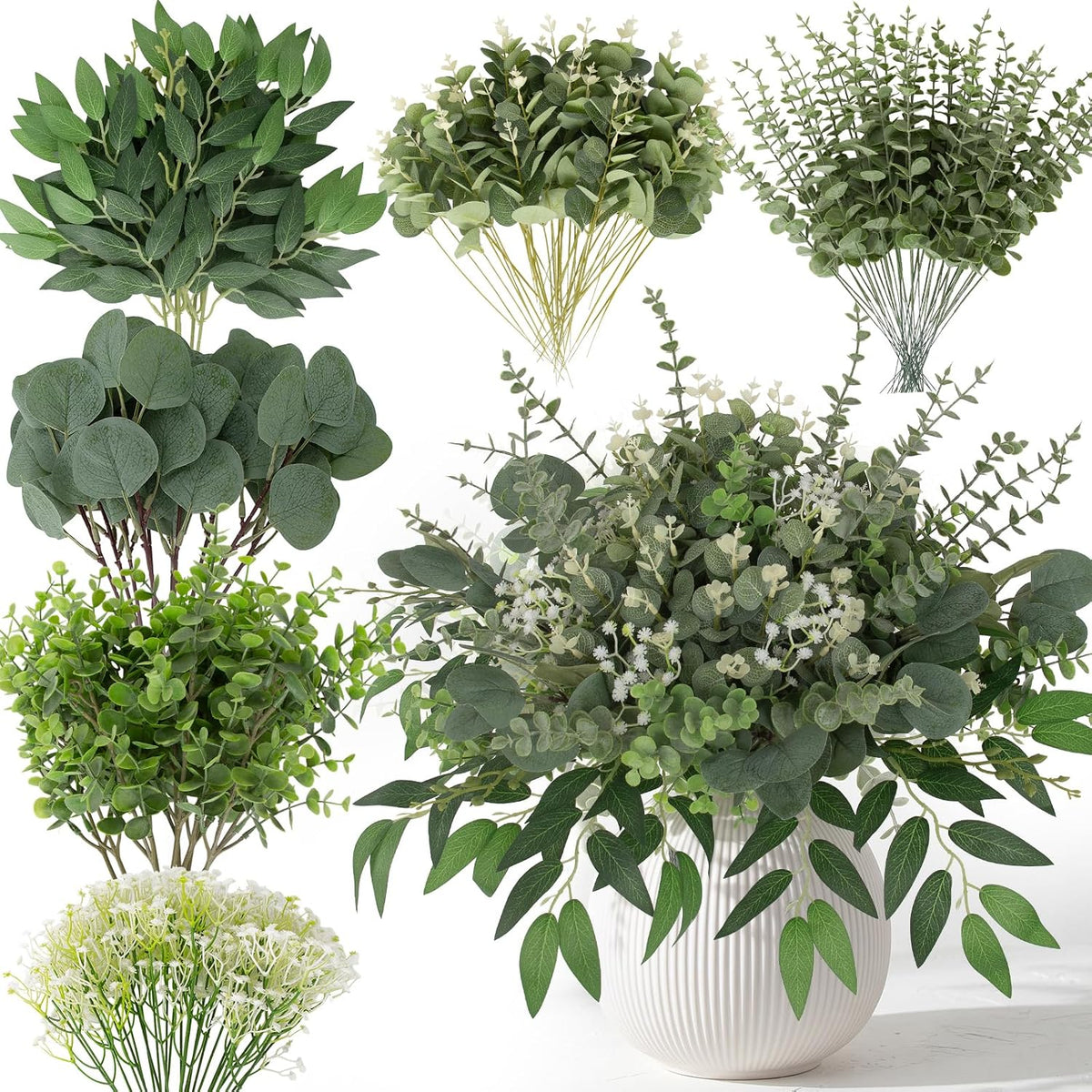 Hananona 135 Pcs Mixed Eucalyptus Leaves Stems Artificial Greenery Bulk