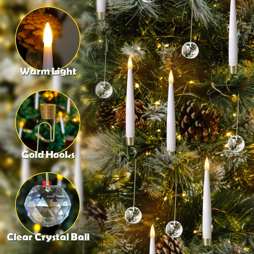 LED Taper Candles with Clear Crystal Ball Hooks, Remote Timer White 12pcs Plastic Flameless Candlesticks Flickering Battery Operated Warm Light for Home Party Decor Indoor (0.5" x 6")