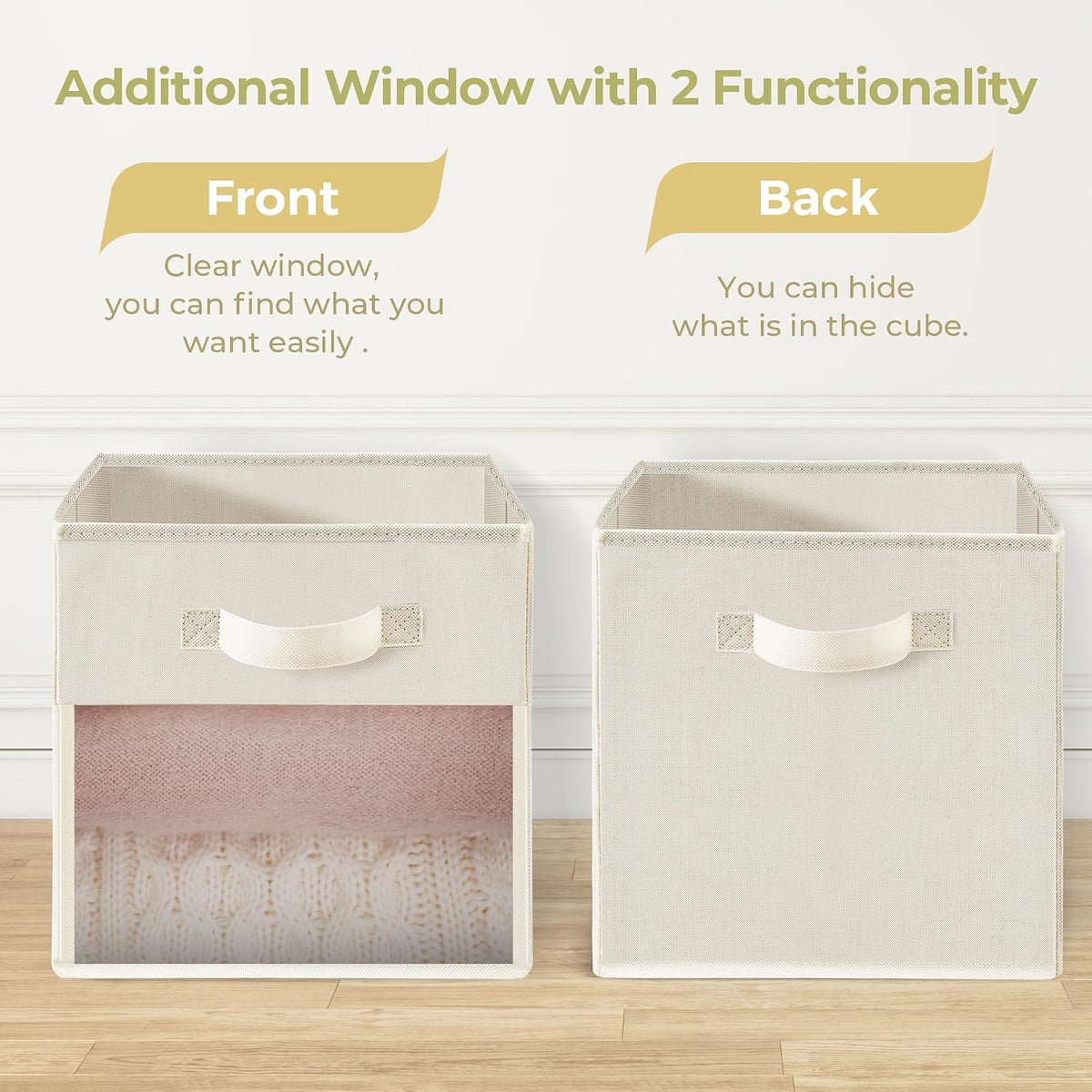 Storage Cubes with Clear Window, 11" Storage Bins, Foldable Cube Storage Box, Fabric Closet Organizers with Handles for Home, Office, Shelf, Closets, Living Room, Beige, 6 Pack