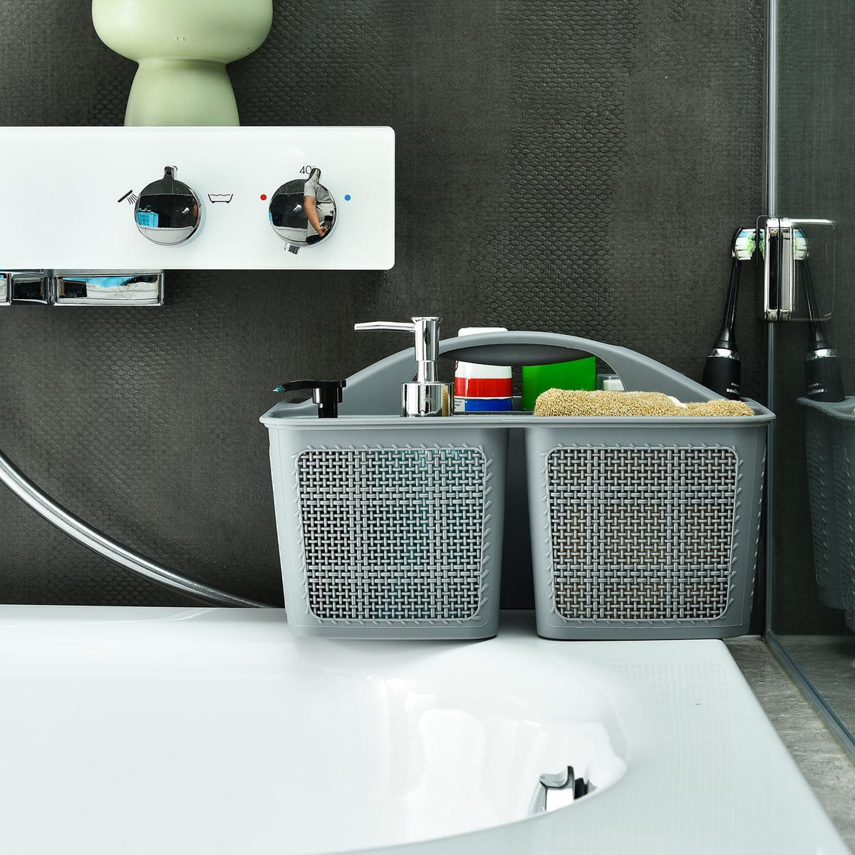 NINU Plastic Gray Shower Caddy Basket, Divided Cleaning Portable Shower Basket with Handle Compartments Storage Organizer for Bathroom, College, Kitchen, Dorm Room Essentials