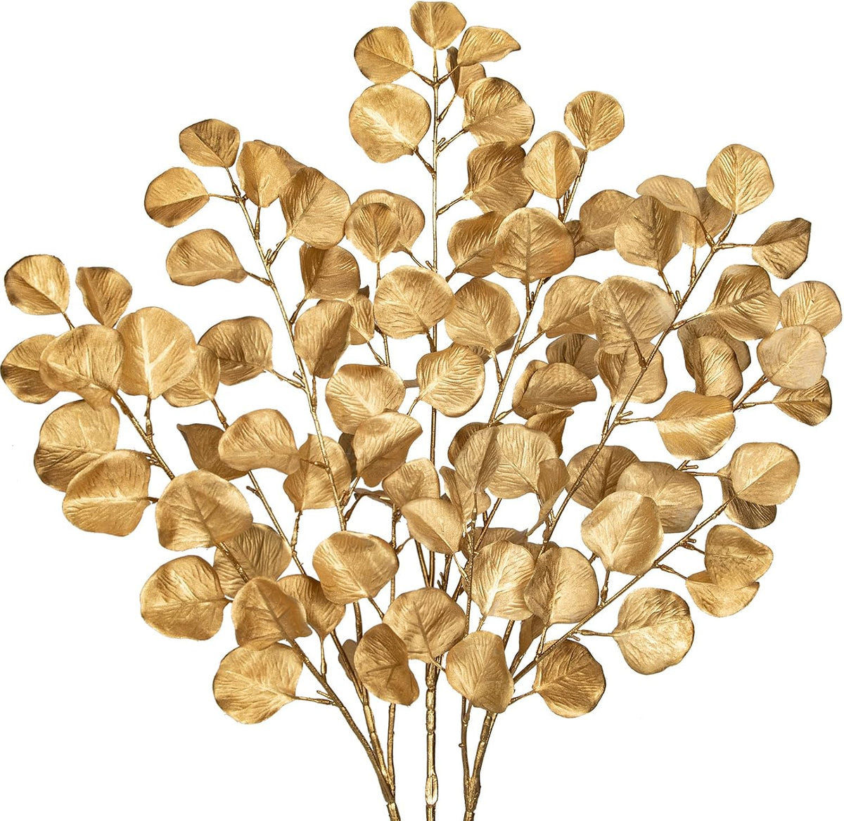 Hollyone 32” Christmas Tree Picks and Sprays 3Pcs Gold Artificial Eucalyptus Stems Eucalyptus Leaves Branches Fake Gold Leaf Floral for Vase DIY Xmas Tree Garland Wreath Centerpieces Wedding Decor