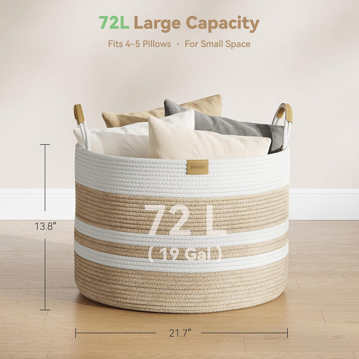 Nunsino 72L Blanket Basket with Leather Handles,Laundry Basket,Brown White
