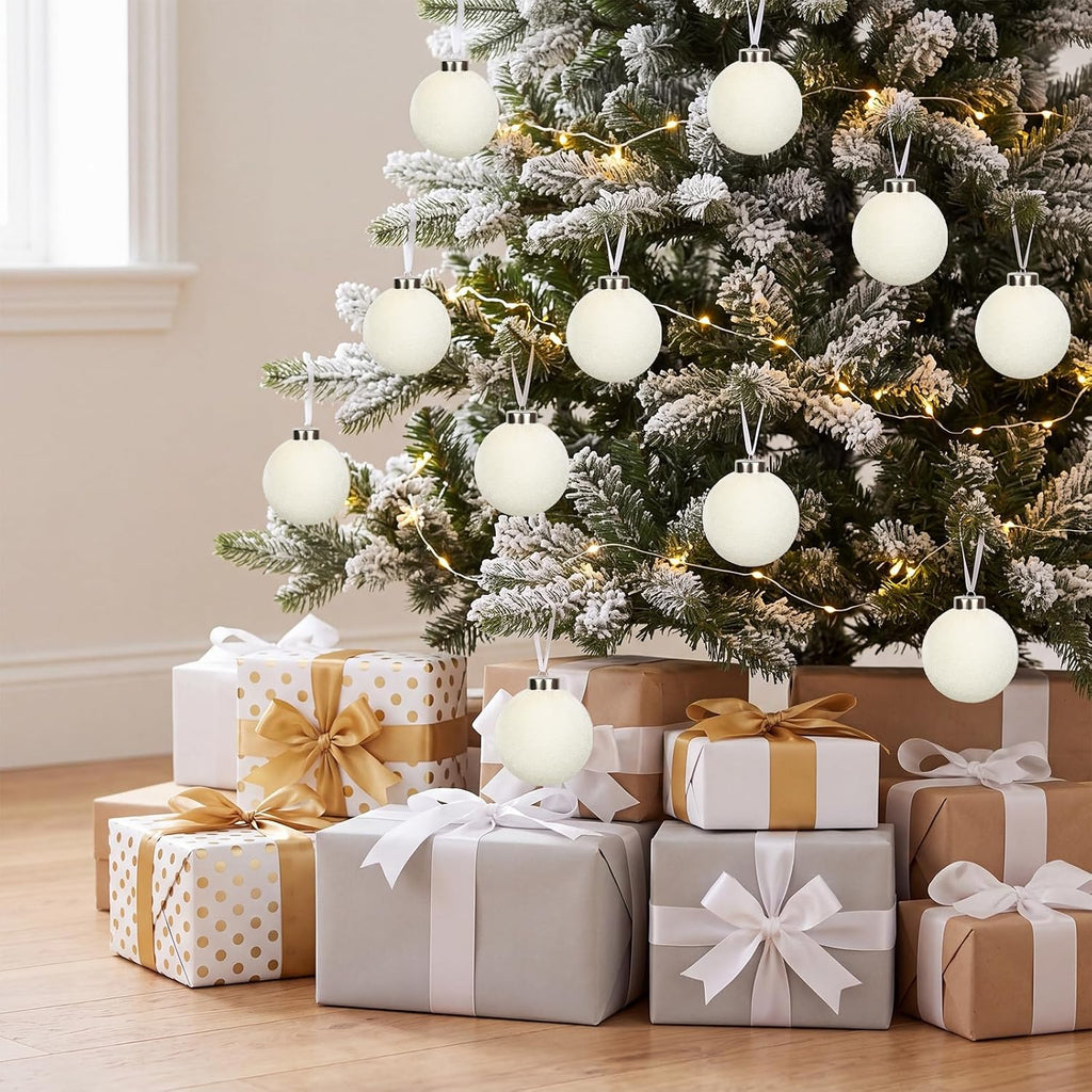 Ivory Velvet Christmas Ornaments Set,15-Pack Flocked Christmas Tree Ball