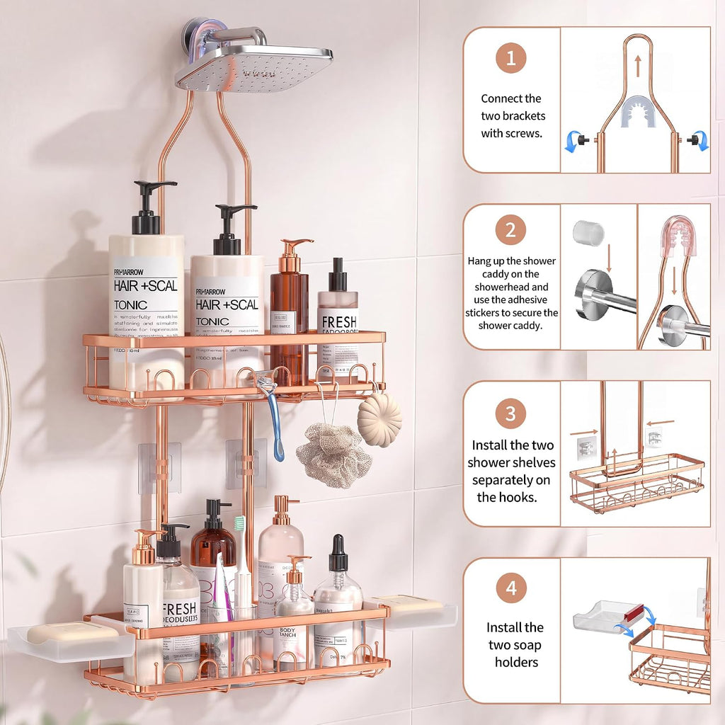 Skyapex Shower Caddy Hanging: Adjustable Height No Blocking to Shower Head - Shower Caddy Over Showerhead Shower Organizer - Rustproof Shower Shelves with Hooks 2 Soap Holders, Rose Gold