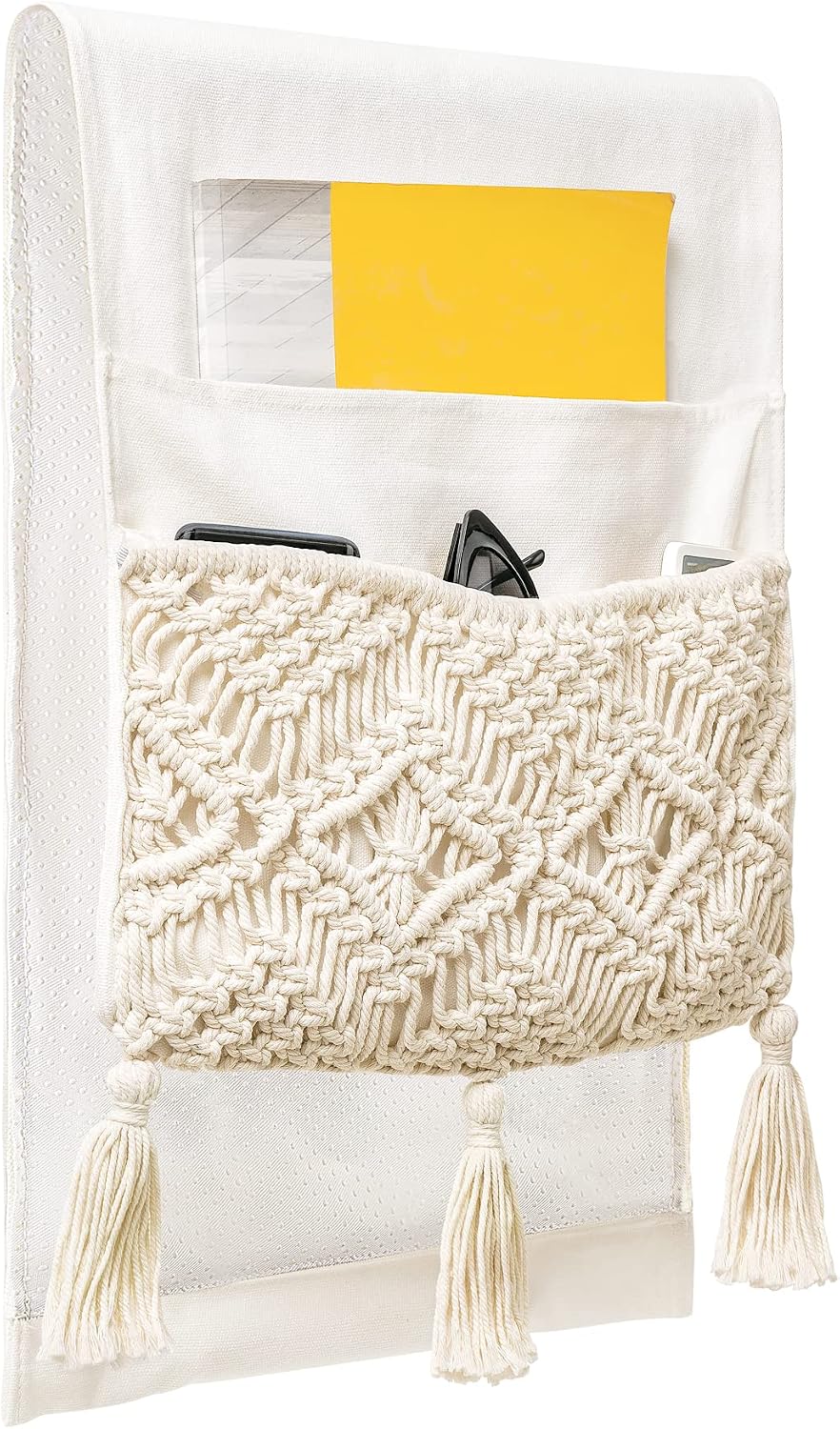 Mkono Macrame Armchair Caddy, Boho Couch Armrest Organizer, 4 Pockets Beige