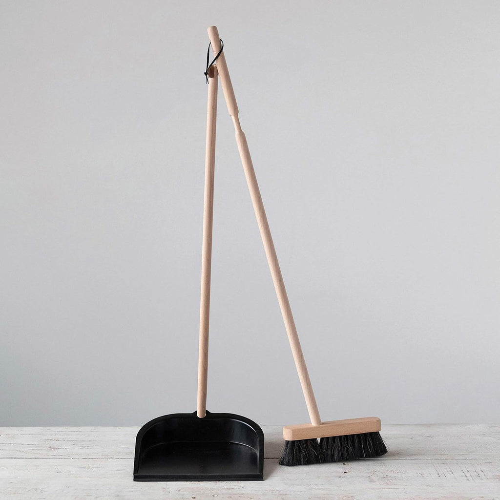 Creative Co-Op Beech Wood Broom & Standing Metal Dust Pan, Natural & Black
