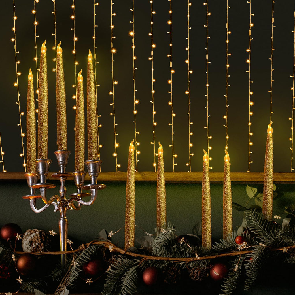 FURORA LIGHTING Gold Glitter LED Taper Candles, 12-Pack with 6/18 Timer