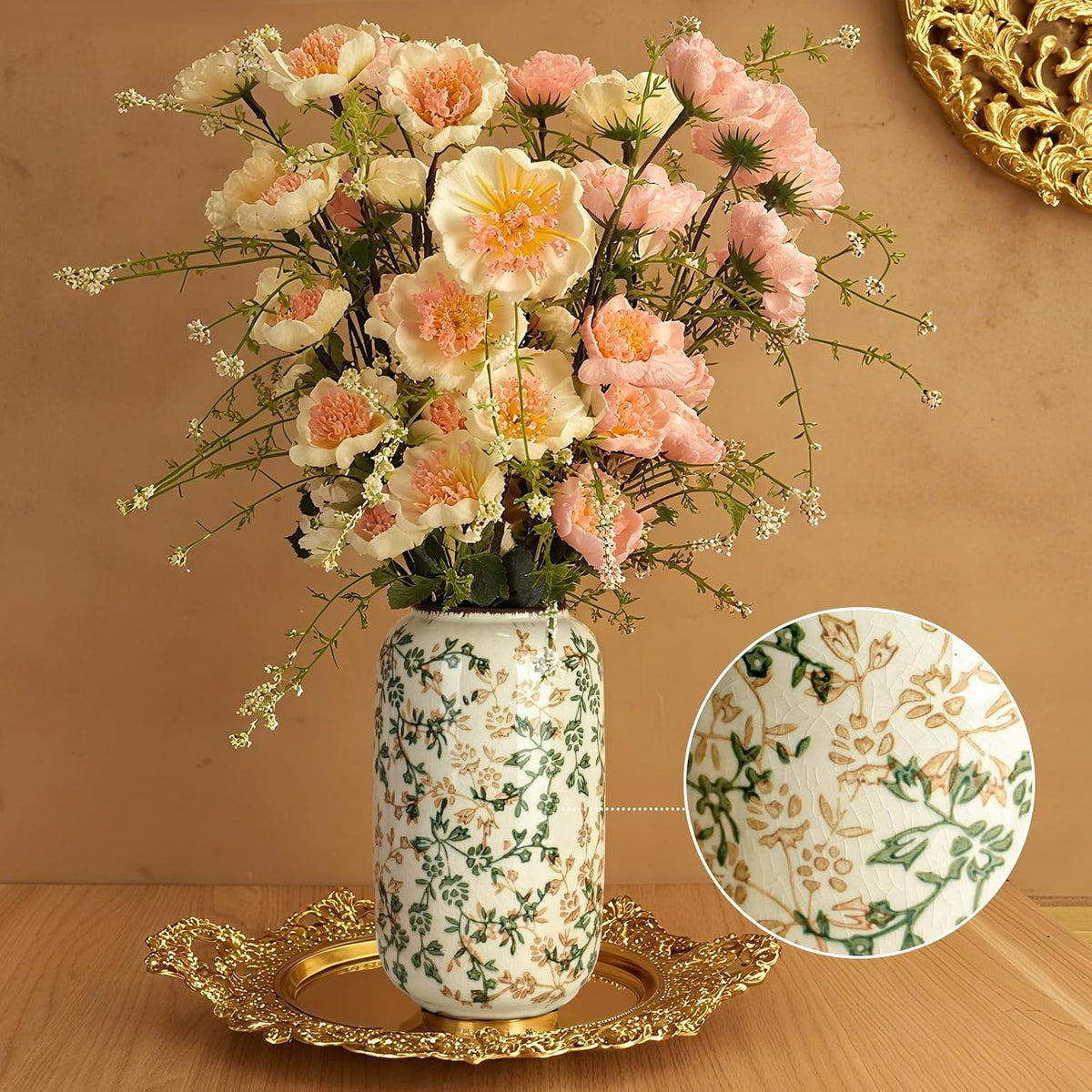 Ceramic Vase for Flowers – Modern Small Ribbed Textured Flower Vase for Home Decor, Pampas Grass, Decorative, Farmhouse, Coffee Table, Kitchen Centerpieces, Bookshelf and Home Living (Ice Crack Beige)
