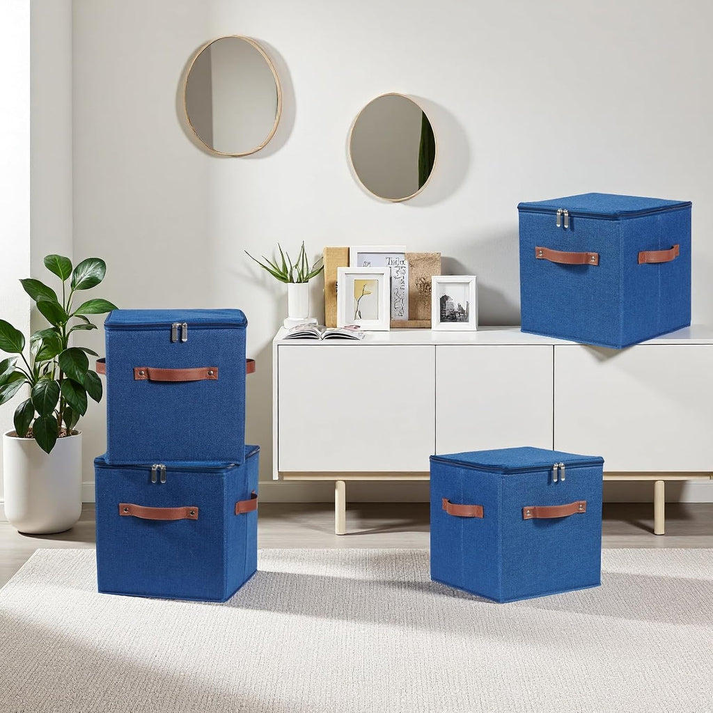 4PCS Storage Cubes with Lids Cotton Linen Fabric Bins Boxes