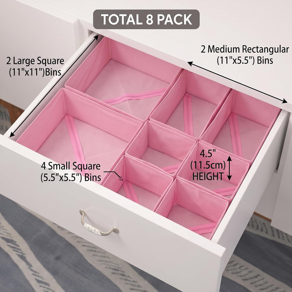Drawer Organizer for Clothes, 8 Pack Pink Fabric Dresser Organizer Bins