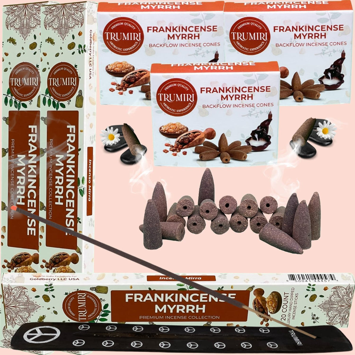 TRUMIRI Frankincense Myrrh Scented Incense Sticks & Backflow Incense Cones for Waterfall Combo Pack - 60 Insence-Sticks + 30 Backflow Cones - Insents - Incense Waterfall Cones - Inscense