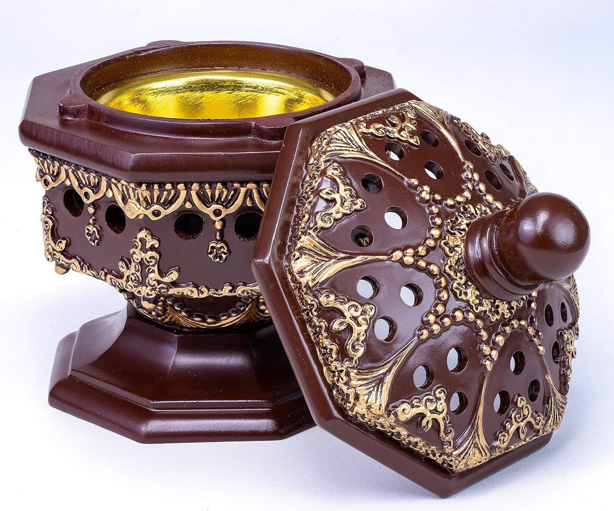 AM Lux Octagon Incense Burner – Bakhoor & Cone Holder | Charcoal Resin Burner for Frankincense, Myrrh & Aromatherapy | Decorative Mabkhara for Home, Office & Meditation Room Decor (Octagon Brown)
