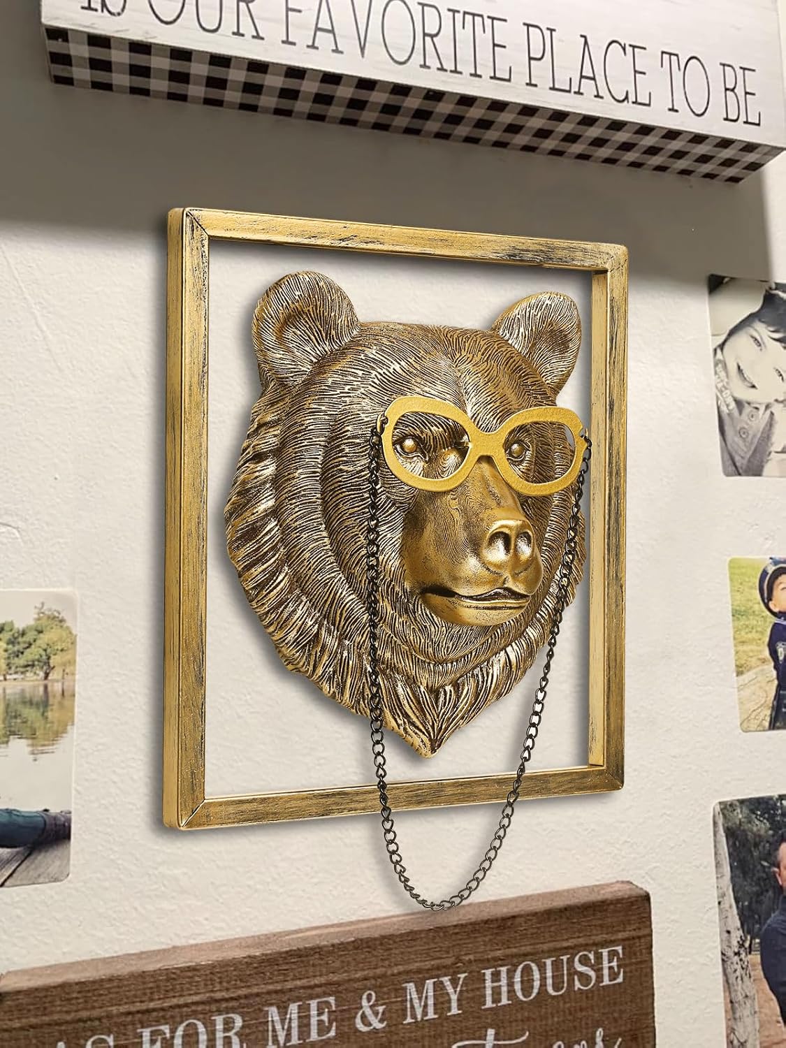 Newinhome Animal Heads Wall Decor (Includes Metal Frame) Resin Animals Sculptures Head Wall Hanging Decoration Gold vintage Wall Sculpture for Living Room Bedroom Office(Bear)