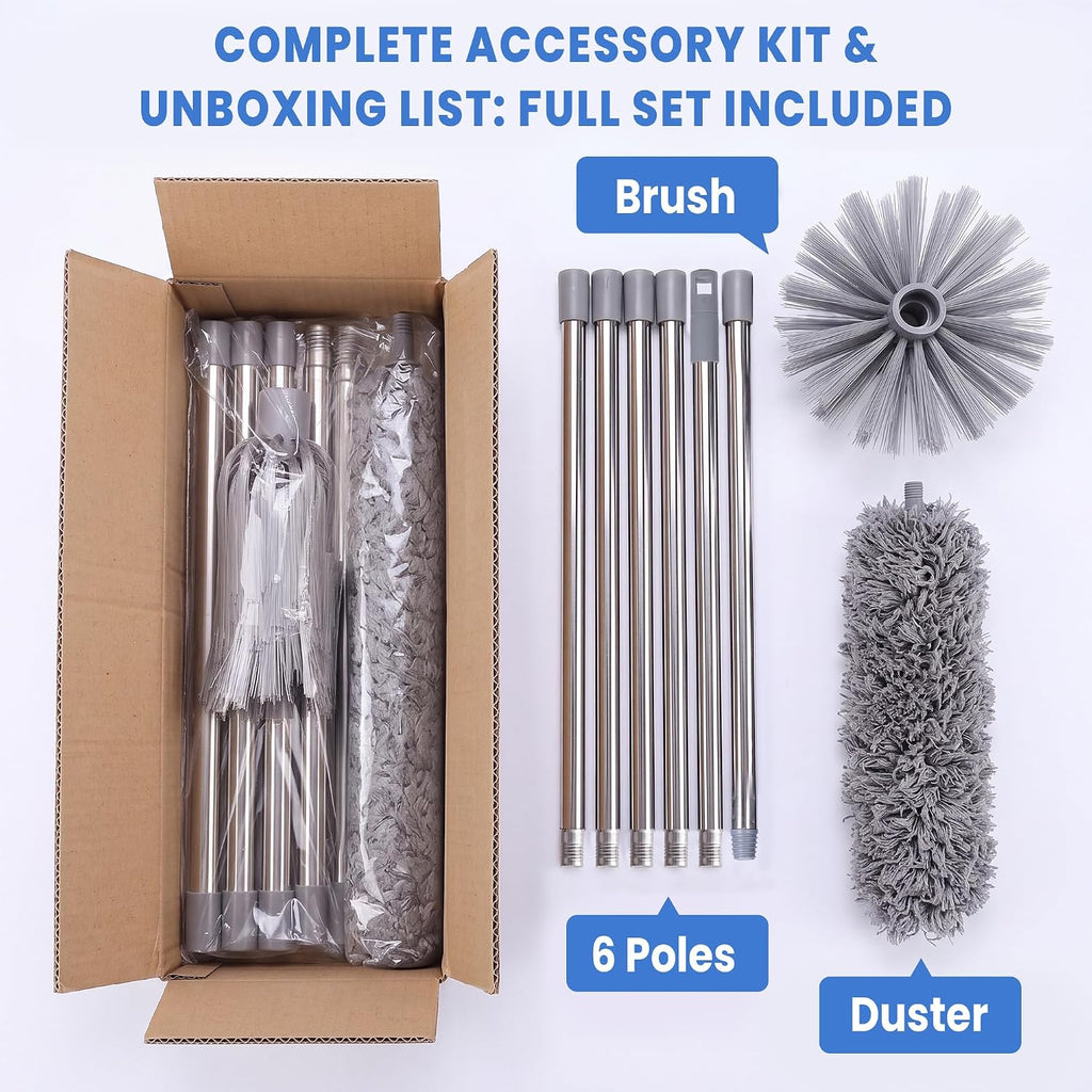 8FT Cobweb Duster, Ceiling Fan, Extension Pole, 2 Brush Heads