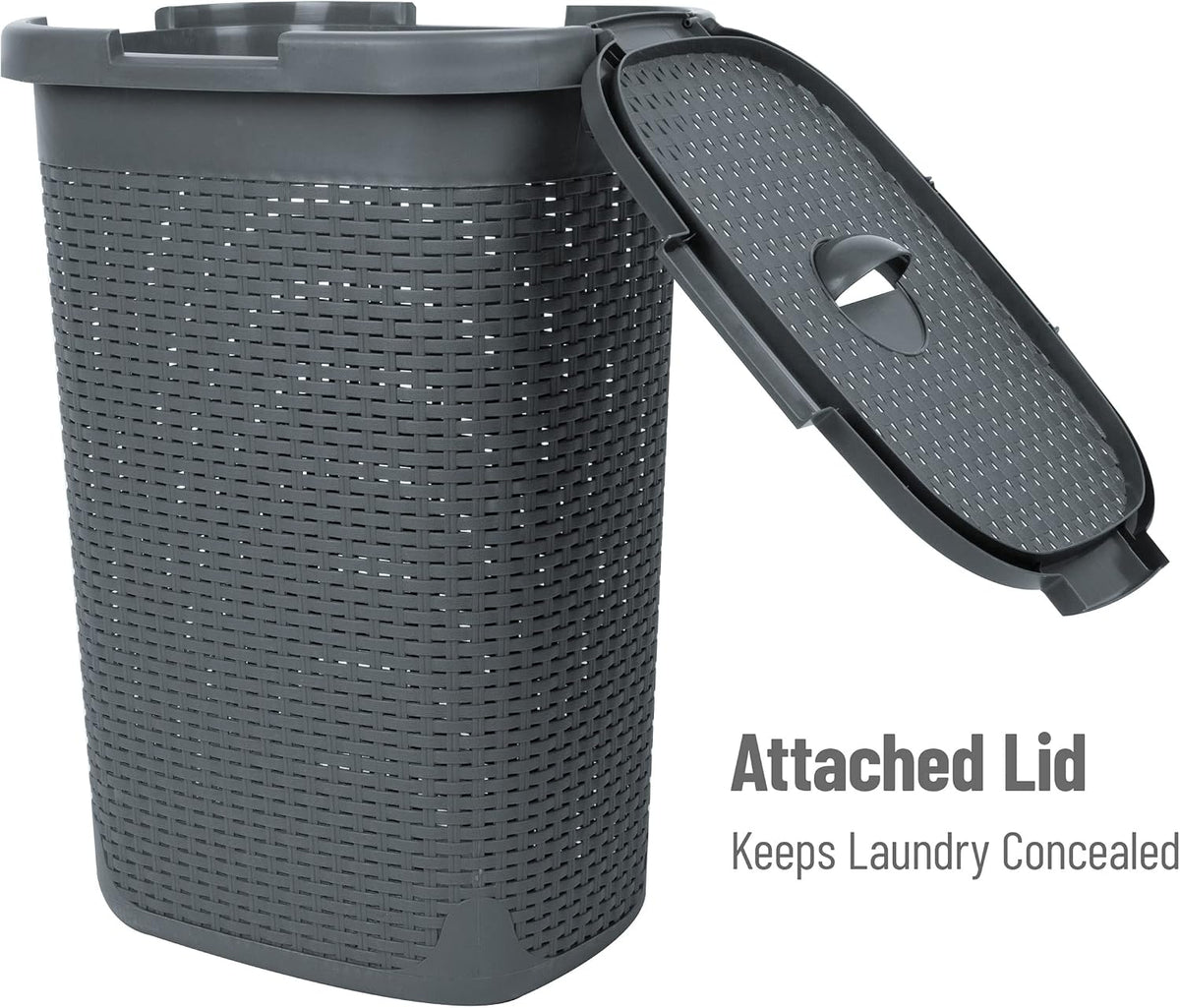 Mind Reader 60L Slim Plastic Hamper with Lid, Wicker Design, Gray