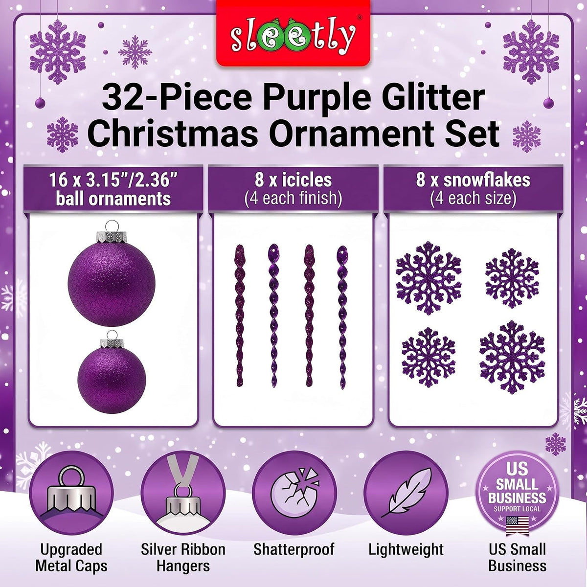 Purple Christmas Ornaments Ball Set for Tree Decor, Glitter