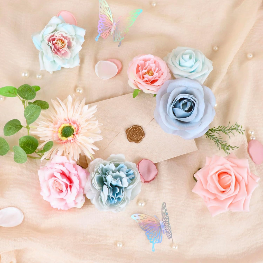 Blue Pink Artificial Flowers Combo, Roses Fake Flowers with Stems Wedding Pastel Flowers for Decorations DIY Bouquets Centerpieces Floral Arrangements Decor
