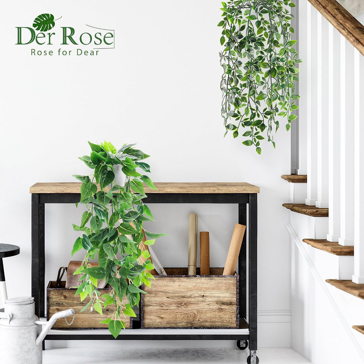 Der Rose 2Pcs Fake Hanging Plants Artificial in White Pots for Office Decor
