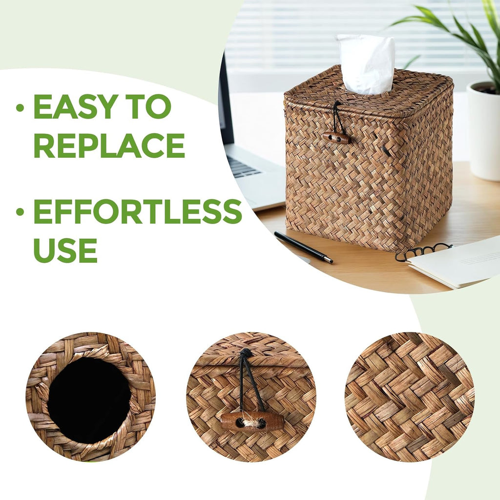 Seagrass Tissue Box Cover Square, Woven Wicker Tissue Box Holder, Brown