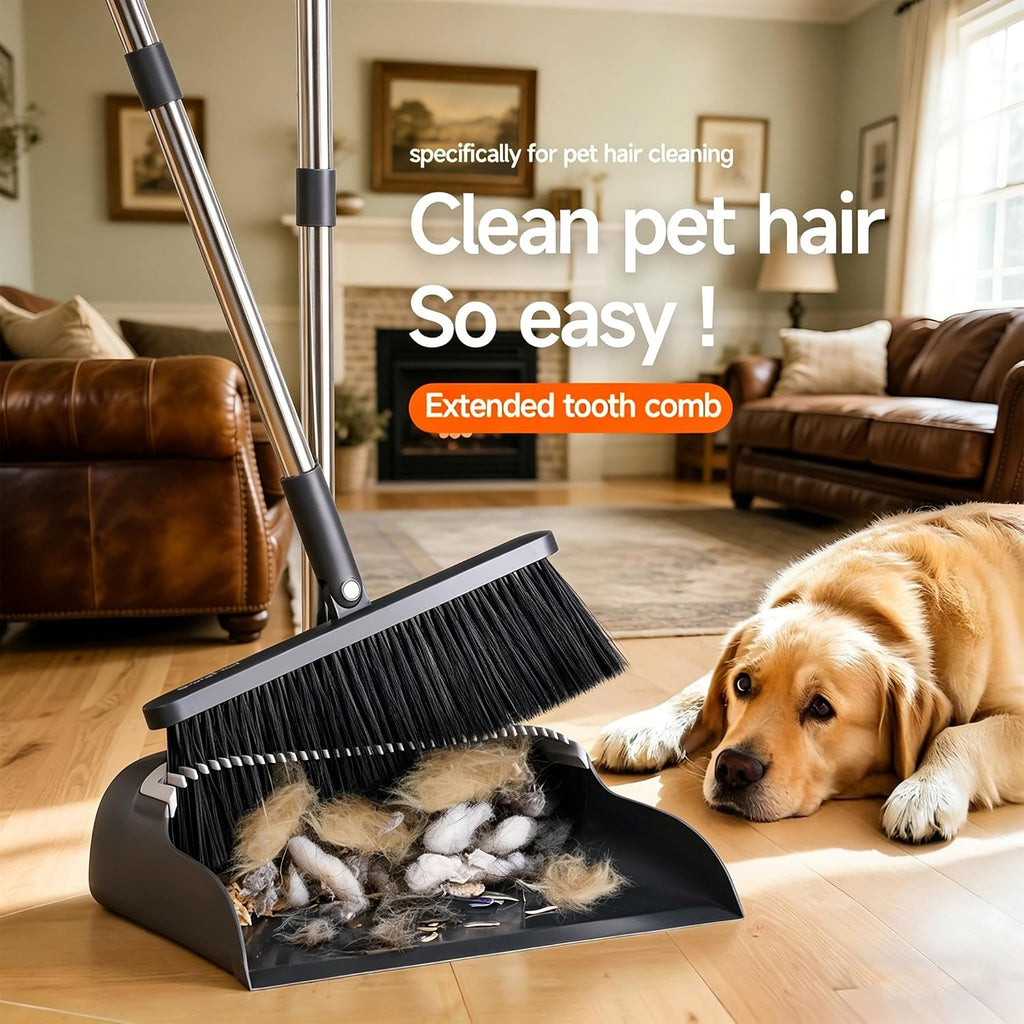 Broom and Dustpan Set, 52" Long Handle with Dust Pan Teeth, Black